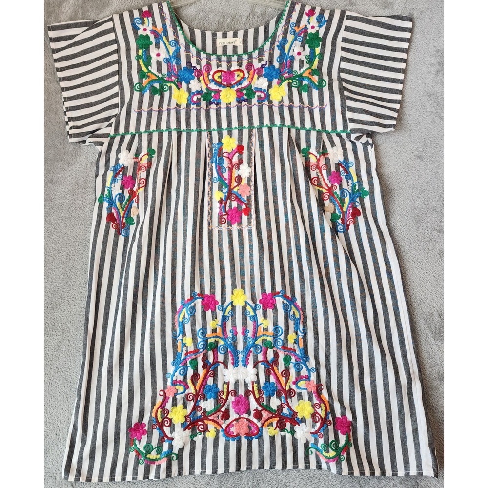 YZXDORWJ Dress Womens XXL Black White Mexican Floral Embroidered Striped Shift